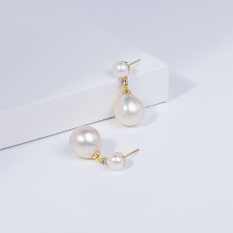 Freshwater pearl baroque double bead earrings s925 silver 6-12mm exquisite all-match - Image 2