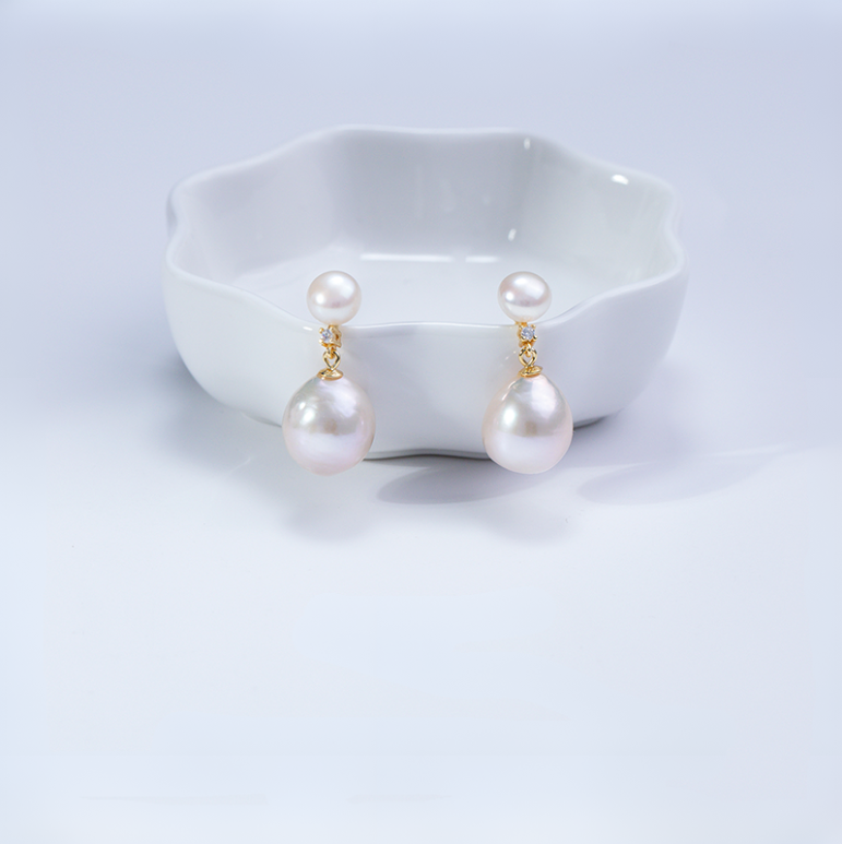 Freshwater pearl baroque double bead earrings s925 silver 6-12mm exquisite all-match