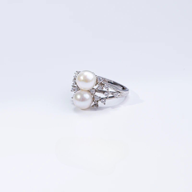 100% pure freshwater l double pearl ring S925 silver ring setting - Image 2