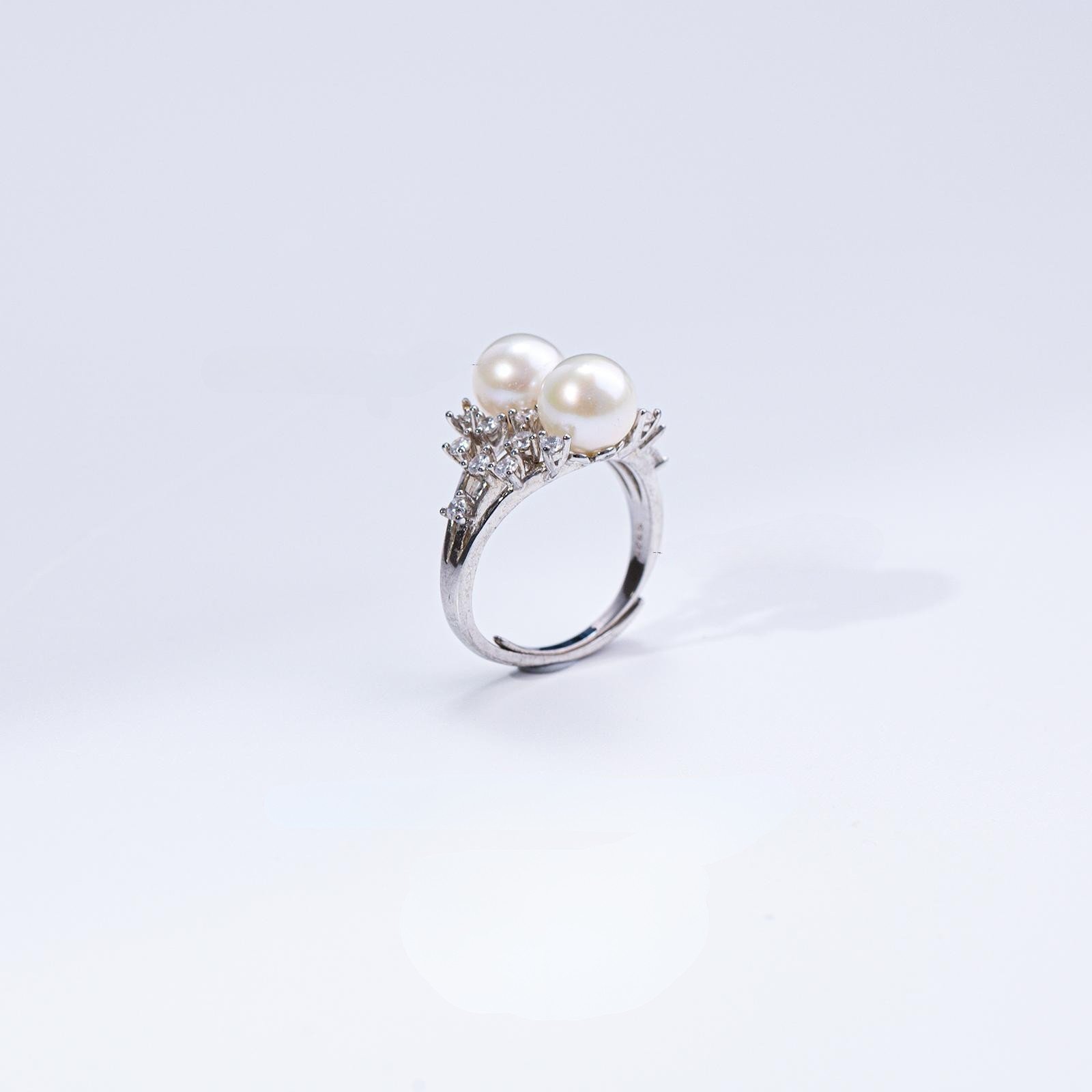 100% pure freshwater l double pearl ring S925 silver ring setting