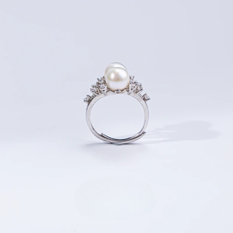 100% pure freshwater l double pearl ring S925 silver ring setting - Image 3